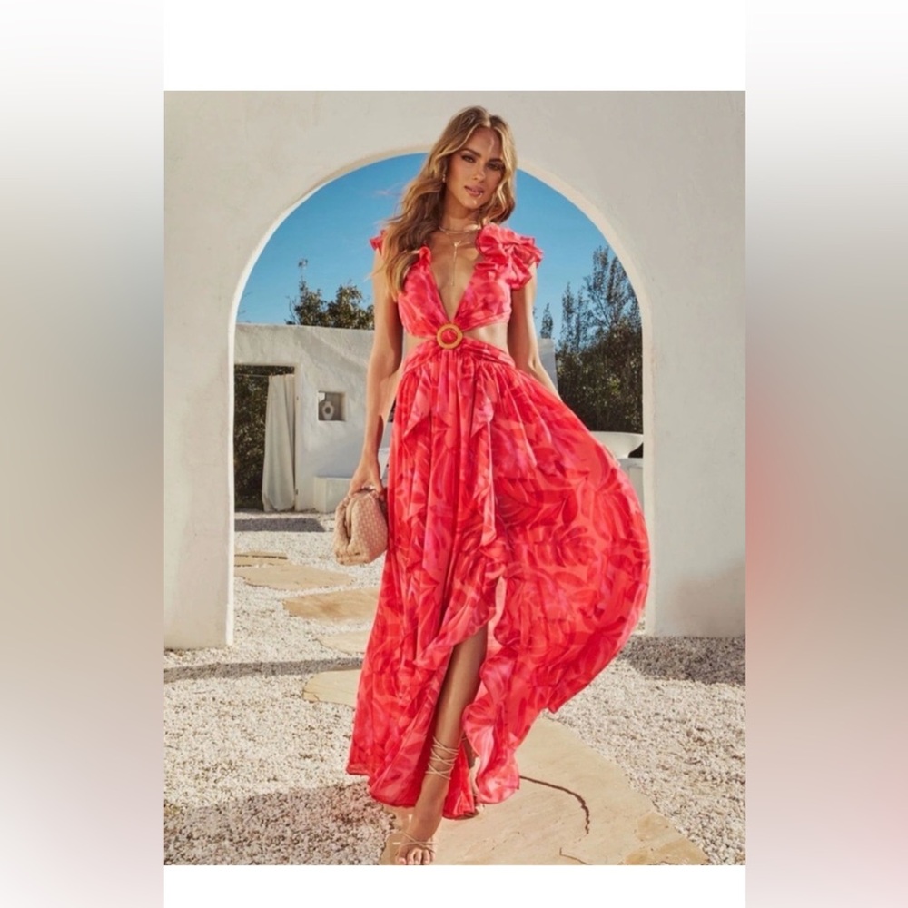 Vici Coral Pink Ruffle Maxi Dress with Ring Waist